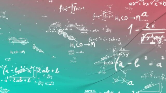 Animation presents handwritten mathematical formulas on two colors background flying through the camera.