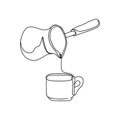 Continuous one line of freshly brewed coffee a turk for brewing in silhouette. Minimal style. Perfect for cards, party invitations, posters, stickers, clothing.
