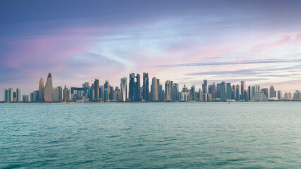 The skyline of Doha, Qatar during Sunrise