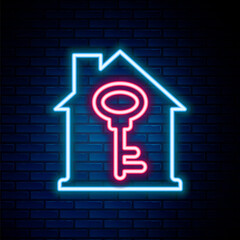 Glowing neon line House with key icon isolated on brick wall background. The concept of the house turnkey. Colorful outline concept. Vector