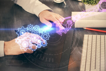 Multi exposure of man's hands holding and using a digital device and data theme drawing. Innovation concept.