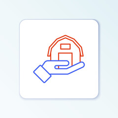 Line Farm house in hand icon isolated on white background. Colorful outline concept. Vector