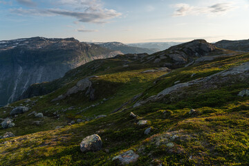 Fototapeta na wymiar Beautiful landscape of mountains between the way to Trolltunga mountain cliff, Odda, Norway, Scandinavia