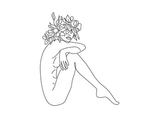 Woman with Flowers Line Art Drawing. Naked Woman in Sitting Pose Line Drawing. Female Figure Abstract Contemporary Design Template for Covers, t-Shirt Print, Postcard, Banner etc. Vector EPS 10.