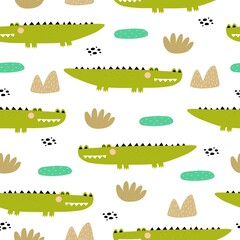 Seamless pattern with cartoon crocodiles, decor elements. colorful vector for kids. Animals. hand drawing, flat style. baby design for fabric, print, textile, wrapper