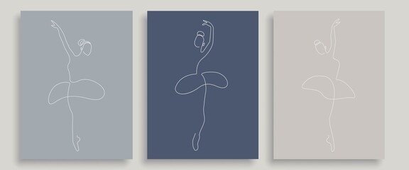 Ballerina Cards Set Line Art Modern Style. Abstract Banners Collection with Line Art Ballerina Pose. Trendy Minimalist Poster Minimal Abstract Backgrounds. Vector EPS 10.