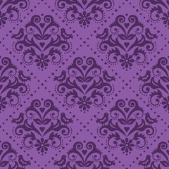Damask tiled pruple textile or fabric print vector pattern with flowers and birds in frame, classic repetitive design 
