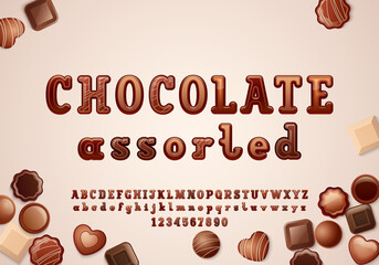 Original 3d font in the chocolate style, rounded alphabet slab serif, uppercase and lowercase letters from A to Z and numbers from 0 to 9, vector illustration 10EPS