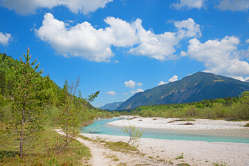 nature reserve landscape Obere Isar, beautiful turquoise river, upper bavaria