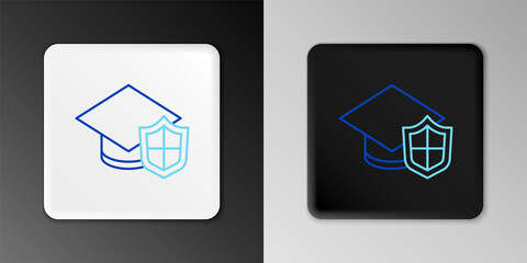Line Graduation cap with shield icon isolated on grey background. Insurance concept. Security, safety, protection, protect concept. Colorful outline concept. Vector
