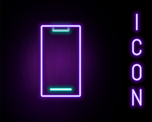 Glowing neon line Smartphone, mobile phone icon isolated on black background. Colorful outline concept. Vector