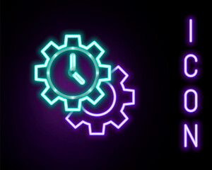 Glowing neon line Time Management icon isolated on black background. Clock and gear sign. Productivity symbol. Colorful outline concept. Vector