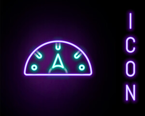 Glowing neon line Speedometer icon isolated on black background. Colorful outline concept. Vector