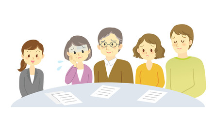 イラスト素材:青ざめた老夫婦と若い夫婦が相談をする場面　 契約　相談　打ち合わせ
