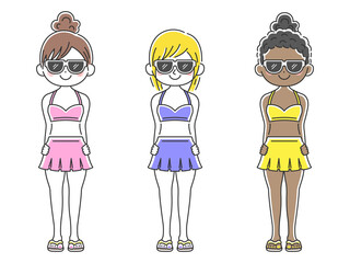 サングラスをかけた水着の女性のイラストセット