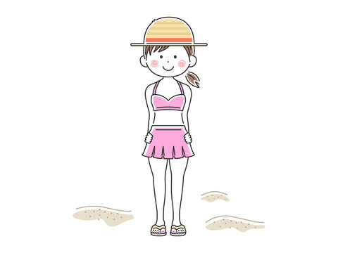麦わら帽子をかぶった水着の女性のイラスト