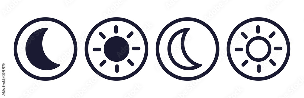 Wall mural light and dark mode buttons vector set. isolated light, dark, night mode round icons on white backgr