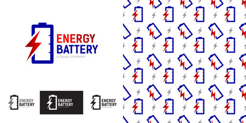 Energy batteries logo template. Battery icon and battery power, lightning flash. Seamless background. Vector, illustration