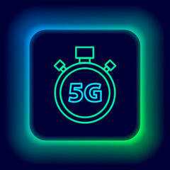 Glowing neon line Digital speed meter concept with 5G icon isolated on black background. Global network high speed connection data rate technology. Colorful outline concept. Vector