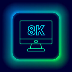 Glowing neon line Computer PC monitor display with 8k video technology icon isolated on black background. Colorful outline concept. Vector