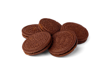 Chocolate cookies with milk filling isolated on white background.