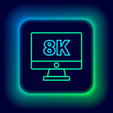 Glowing neon line Computer PC monitor display with 8k video technology icon isolated on black background. Colorful outline concept. Vector