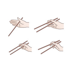 How to use chopsticks. Set with 4 vector colored icons