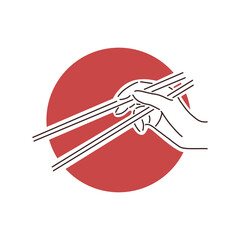 Hand holding chopsticks - vector logo - red background 