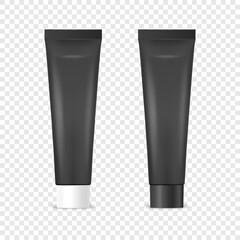 Vector 3d Realistic Plastic, Metal Black Tooth Paste, Cream Tube, Packing with White and Black Cap Set Isolated. Design Template of Toothpaste, Cosmetics, Cream, Tooth Paste for Mockup. Front View