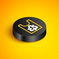 Isometric line Plastic bag with recycle icon isolated on yellow background. Bag with recycling symbol. Black circle button. Vector