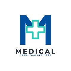 Letter M cross plus logo. Usable for Business, Science, Healthcare, Medical, Hospital and Nature Logos.