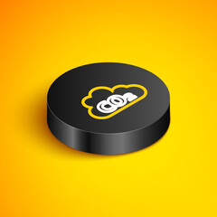 Isometric line CO2 emissions in cloud icon isolated on yellow background. Carbon dioxide formula, smog pollution concept, environment concept. Black circle button. Vector