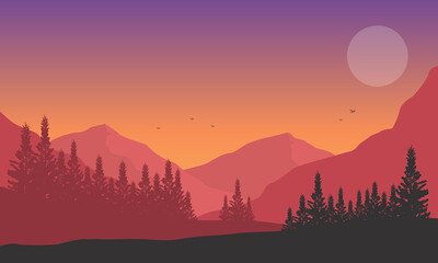 Incredible Mountain views at dusk with the surrounding pine tree silhouettes. Vector illustration