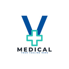 Fototapeta premium Letter V cross plus logo. Usable for Business, Science, Healthcare, Medical, Hospital and Nature Logos.