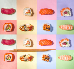 Sushi rolls on trendy bright background