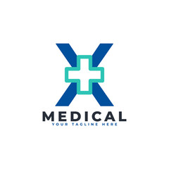 Obraz premium Letter X cross plus logo. Usable for Business, Science, Healthcare, Medical, Hospital and Nature Logos.