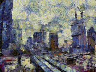 Urban landscape and buildings  Illustrations creates an impressionist style of painting.
