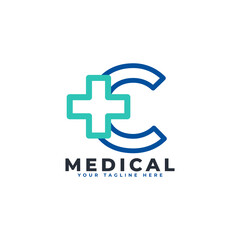 Obraz premium Letter C cross plus logo. Linear Style. Usable for Business, Science, Healthcare, Medical, Hospital and Nature Logos.