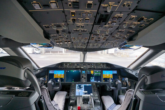 BANGKOK, THAILAND - CIRCA JANUARY, 2020: interior shot of Etihad Airways Boeing 787 Dreamliner cockpit at Suvarnabhumi Airport.