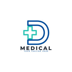 Letter D cross plus logo. Linear Style. Usable for Business, Science, Healthcare, Medical, Hospital and Nature Logos.