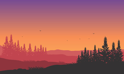 Mountain views with the dramatic forest under a starry sky and full moon. Vector illustration