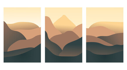 Minimalist landscape design flat scenery postcards. Abstract mountains landscape. Geometric landscape background in pastel colors. Vector illustration.