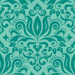 Retro Damask wallpaper or fabric print vector seamless pattern in green, scratched textile vector design with flowers, leaves and swirls
