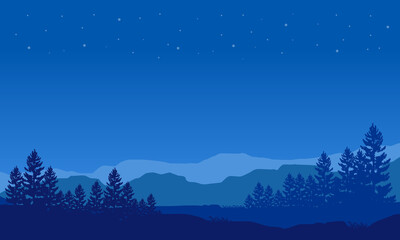Fototapeta premium Mountain view with forest from the edge of the city at night. Vector illustration