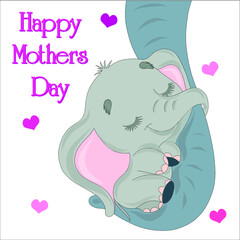 Cute elephant hugs the trunk of the mother elephant. Kind children's illustration for mother's day. Card for mothers day
