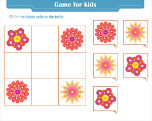  Logic game for children. Fill in the blank cells in the table so that in each row and column the element appears only once