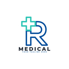Letter R cross plus logo. Linear Style. Usable for Business, Science, Healthcare, Medical, Hospital and Nature Logos.