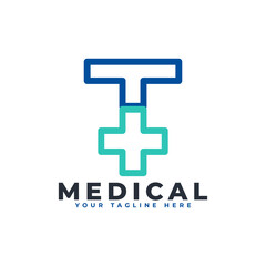 Letter T cross plus logo. Linear Style. Usable for Business, Science, Healthcare, Medical, Hospital and Nature Logos.