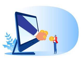 Businessman hand give bitcoin coins out of laptop screen, cryptocurrency concept, flat  vector illustration