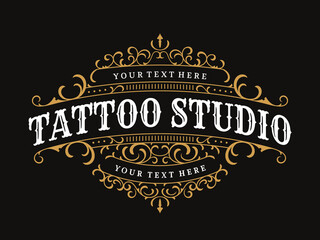 Tattoo studio vintage lettering logo with decorative ornamental frame
